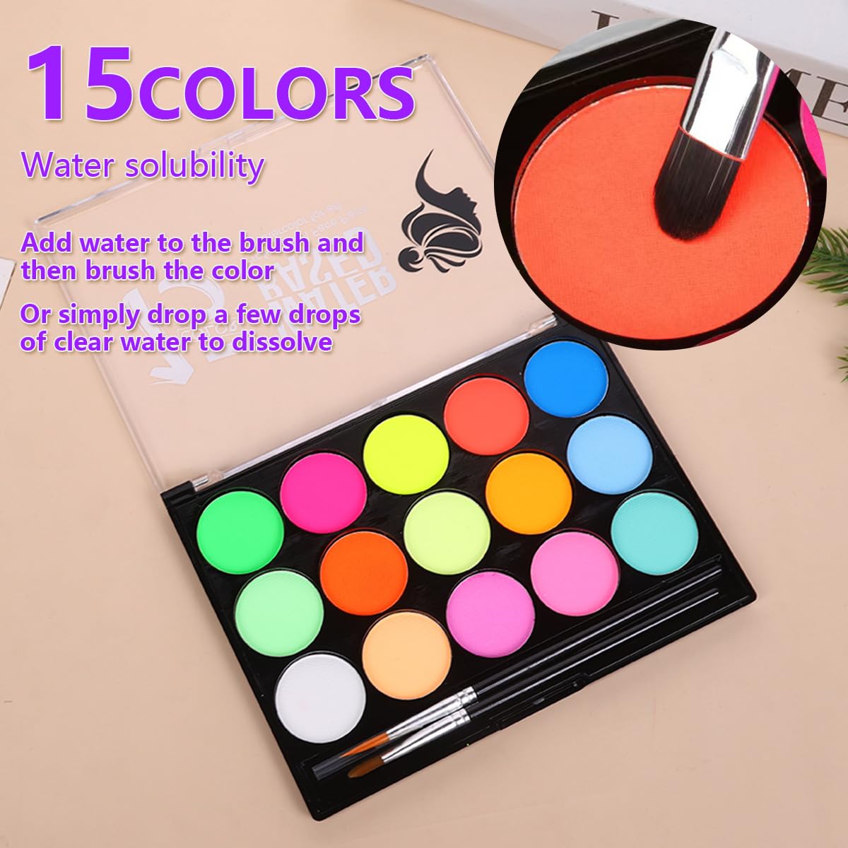 Glow UV Blacklight Face Paint,Neon Fluorescent Body Painting Palette,Water Activated Makeup Eyeliner,Water Based Glow In The Dark Party Halloween Washable for Adult Body Paint Set (15 color)