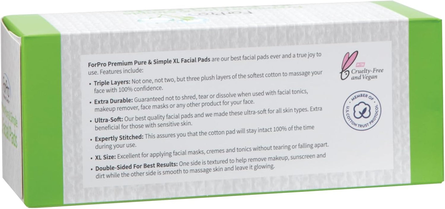ForPro Premium Pure & Simple XL Facial Pads, Triple Layered Ultra Soft Disposable Makeup Remover Pads, 100% Vegan & Cruelty-Free, 60-Count
