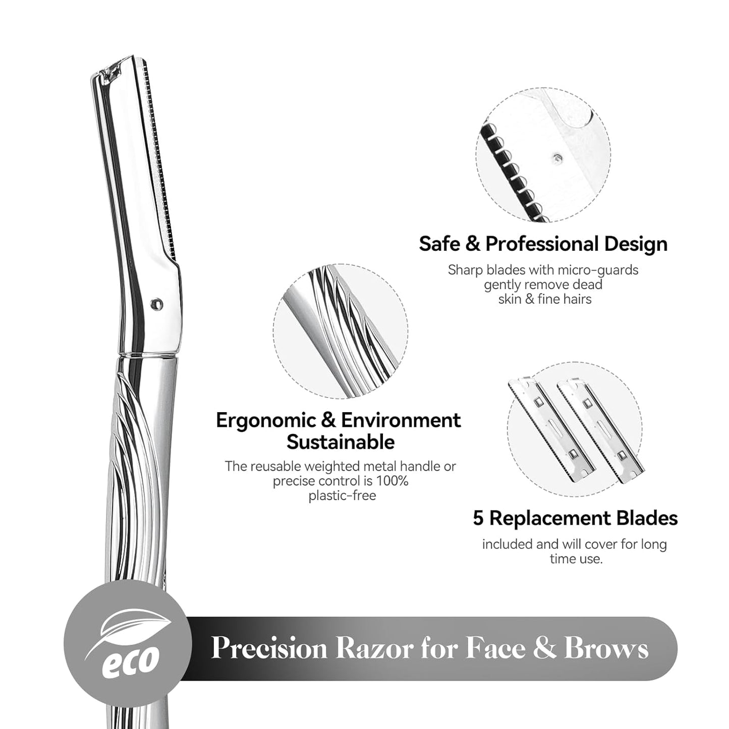 Eyebrow Razor, Face Razors for Women and Men, Reusable Metal Handle with 6 Refill Blades, Eyebrow Trimmer with Precision Cover, Dermaplane Razor, Skin Care Tool - Shiny Silver