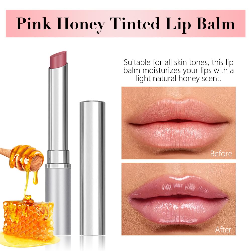 Pink Honey Lipstick Tinted Lip Balm, Sheer Hydrating Lip Stain for All Skin Tones, Natural Lightweight Lips Gloss Makeup for Women, Vegan & Cruelty-Free