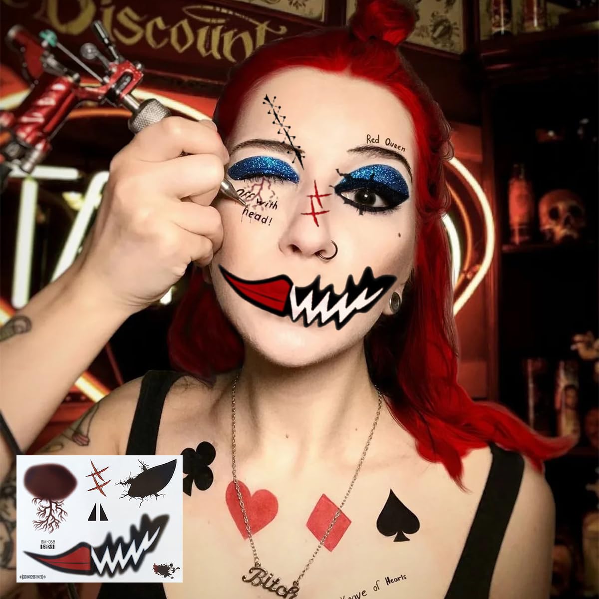 9 Sheets Halloween Scary Face Tattoos Stickers Fake Scars Stitches Bloody Mouth Prank Zombie Clown Makeup Temporary Tattoo Decals for Women Men Halloween Cosplay Party