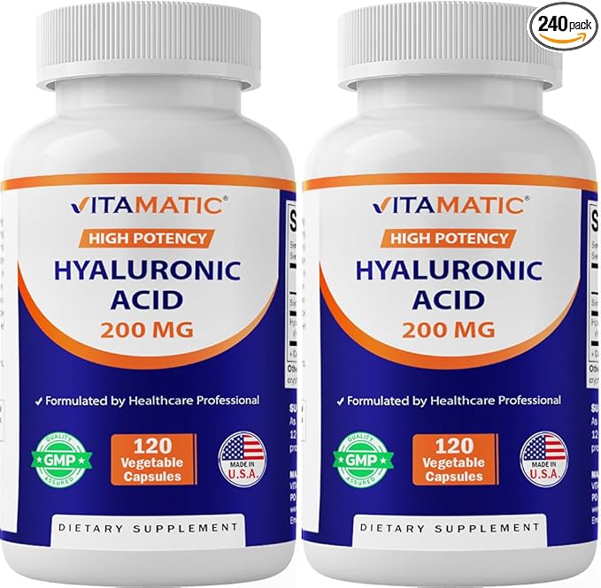 Vitamatic 2 Pack Hyaluronic Acid Supplements 200mg - Supports Healthy Connective Tissue and Joints - Promote Youthful Healthy Skin - Total 240 Capsules