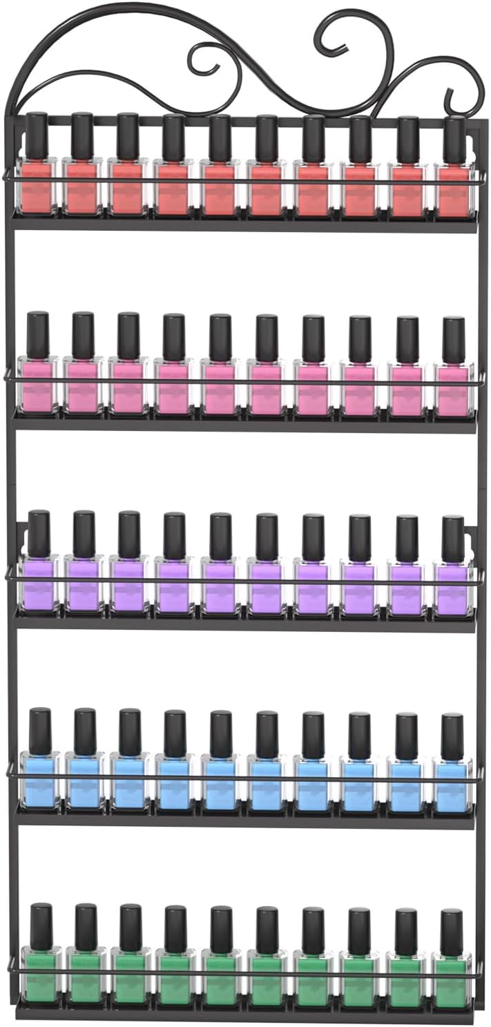 ERYTLLY Wall Mounted Nail Polish Rack, Rectangle Nail Storage Organizer, Salon Shelf Organizer (Black)