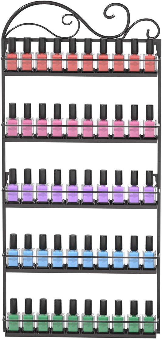ERYTLLY Wall Mounted Nail Polish Rack, Rectangle Nail Storage Organizer, Salon Shelf Organizer (Black)