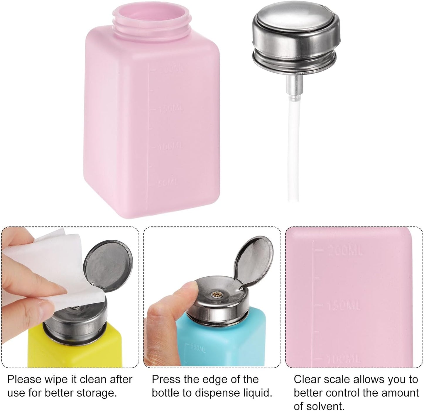 HARFINGTON 4PCS 200ML(6.8oz) Push Down Alcohol Dispenser Pump Liquid Press Empty Bottles Refillable Container for Acetone Cleanser Nail Polish Remover, Pink