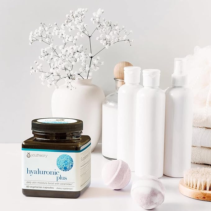 Youtheory Hyaluronic Plus - Hyaluronic Acid Supplement with Ceramides, Vitamin C, Biotin & More - Supports Healthy Skin* - 60 Vegetarian Capsules