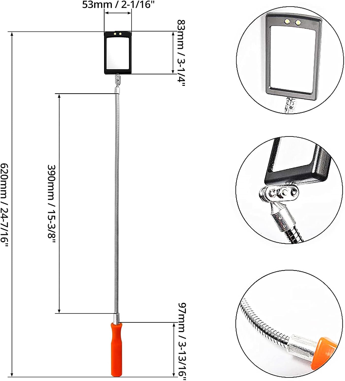 Home Inspection Mirror Flexible with Light telescoping led Stainless Replacement 360 Swivel for Extra Viewing，Present for Christmas, Birthday Father's Day Everyday Carry