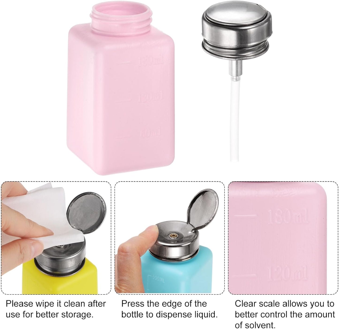HARFINGTON 4PCS 180ML(6oz) Push Down Alcohol Dispenser Pump Liquid Press Empty Bottles Refillable Container for Acetone Cleanser Nail Polish Remover, Pink