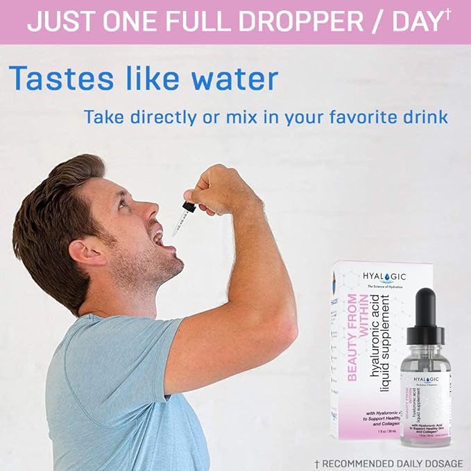 Hyalogic Beauty From Within Hyaluronic Acid Liquid Supplement - Liquid Hyaluronic Acid for Skin Hydration, and Collagen Boost - Vegan, Gluten-Free, Odorless & Tasteless (1 Fl Oz)