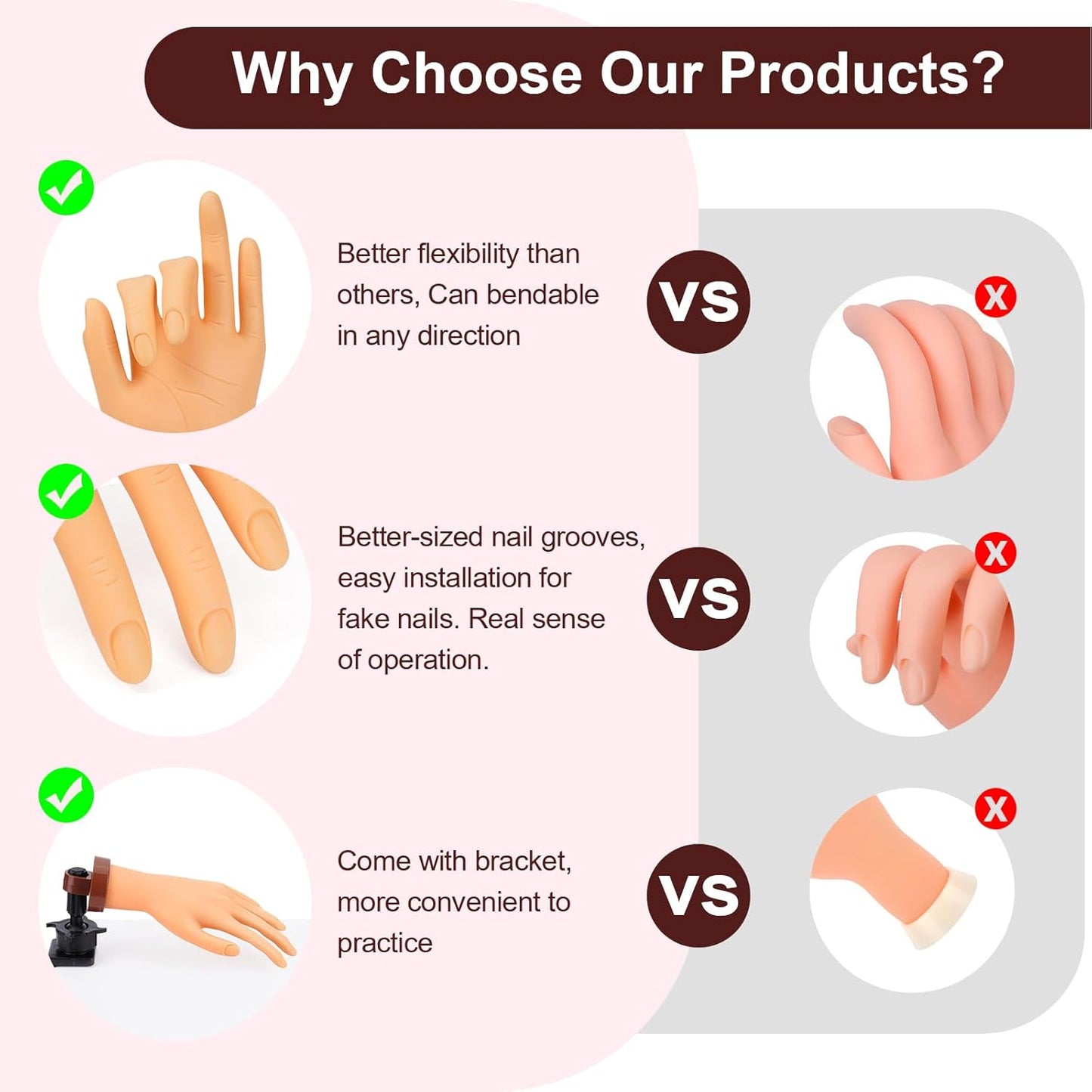 LIONVISON Practice Hand for Acrylic Nails: Flexible Mannequin Hand Model for Nails, Rubber Fake Training Manicure Hands with 240Pcs Ballerina Nail Tips