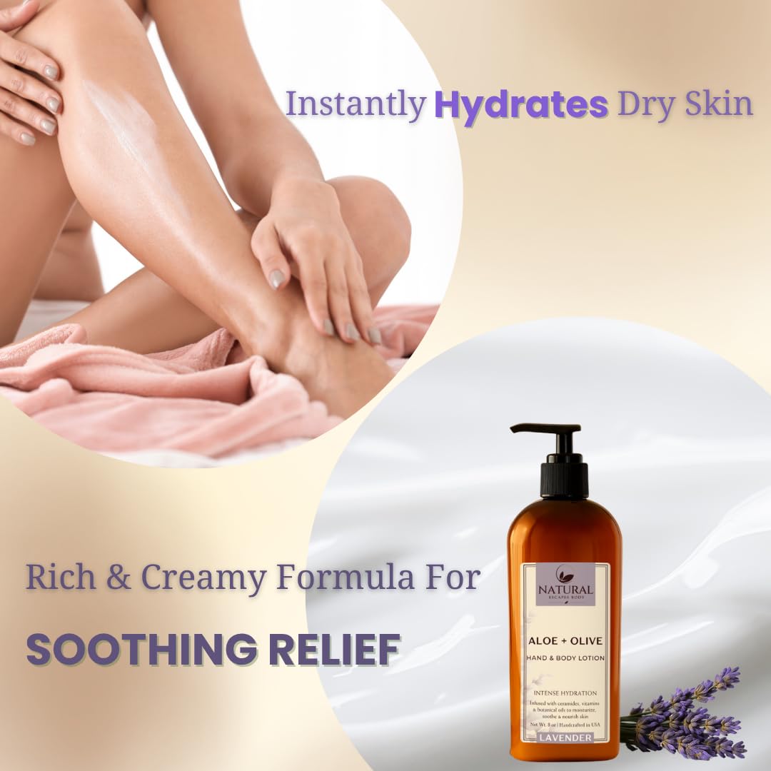 Natural Escapes Lavender Body Lotion for Dry Sensitive Skin, Eczema Relief Moisturizer with Aloe Vera, Olive Oil, Ceramides, Vitamin B5 and E, Hand and Body Cream for Women and Men, 8oz