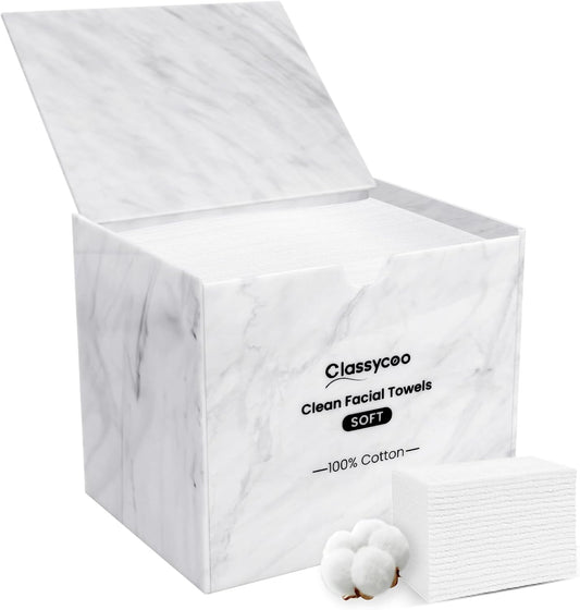 Classycoo Disposable Face Towel Holder, 50 PCS XL Clean Towels Included, Marble Acrylic Container Box for Clean Skin Club, Cotton Facial Wipes Odor-Free for Sensitive-Skin,Bathroom Cosmetic Storage