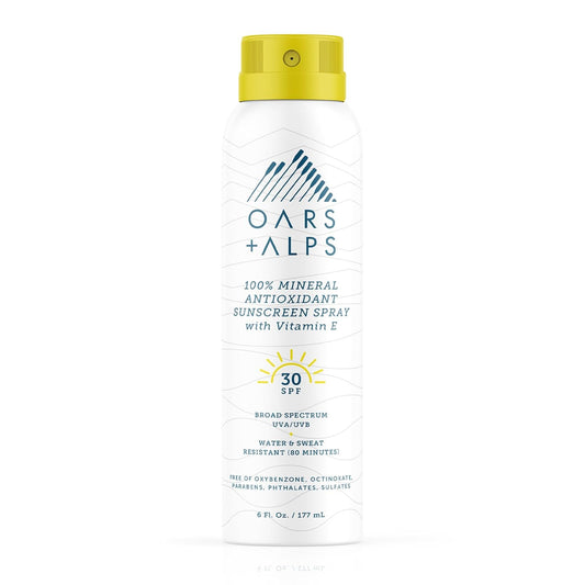 Oars + Alps Sunscreen Spray for Face & Body, SPF 30 Spray Sunscreen Infused with Vitamin E & Antioxidants, No White Residue, Water & Sweat Resistant, All Skin Types, Lightweight, Hydrating, 6oz