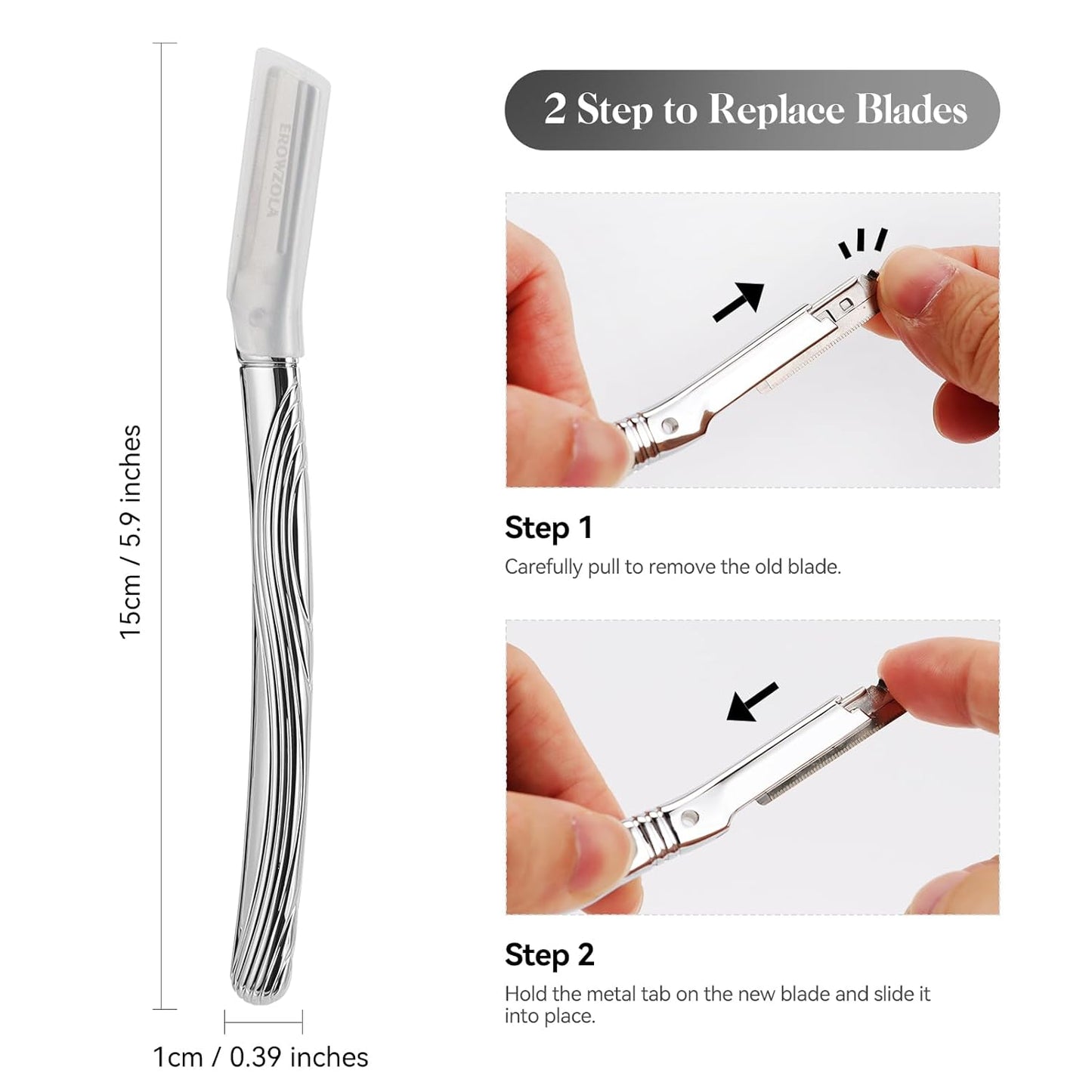 Eyebrow Razor, Face Razors for Women and Men, Reusable Metal Handle with 6 Refill Blades, Eyebrow Trimmer with Precision Cover, Dermaplane Razor, Skin Care Tool - Shiny Silver