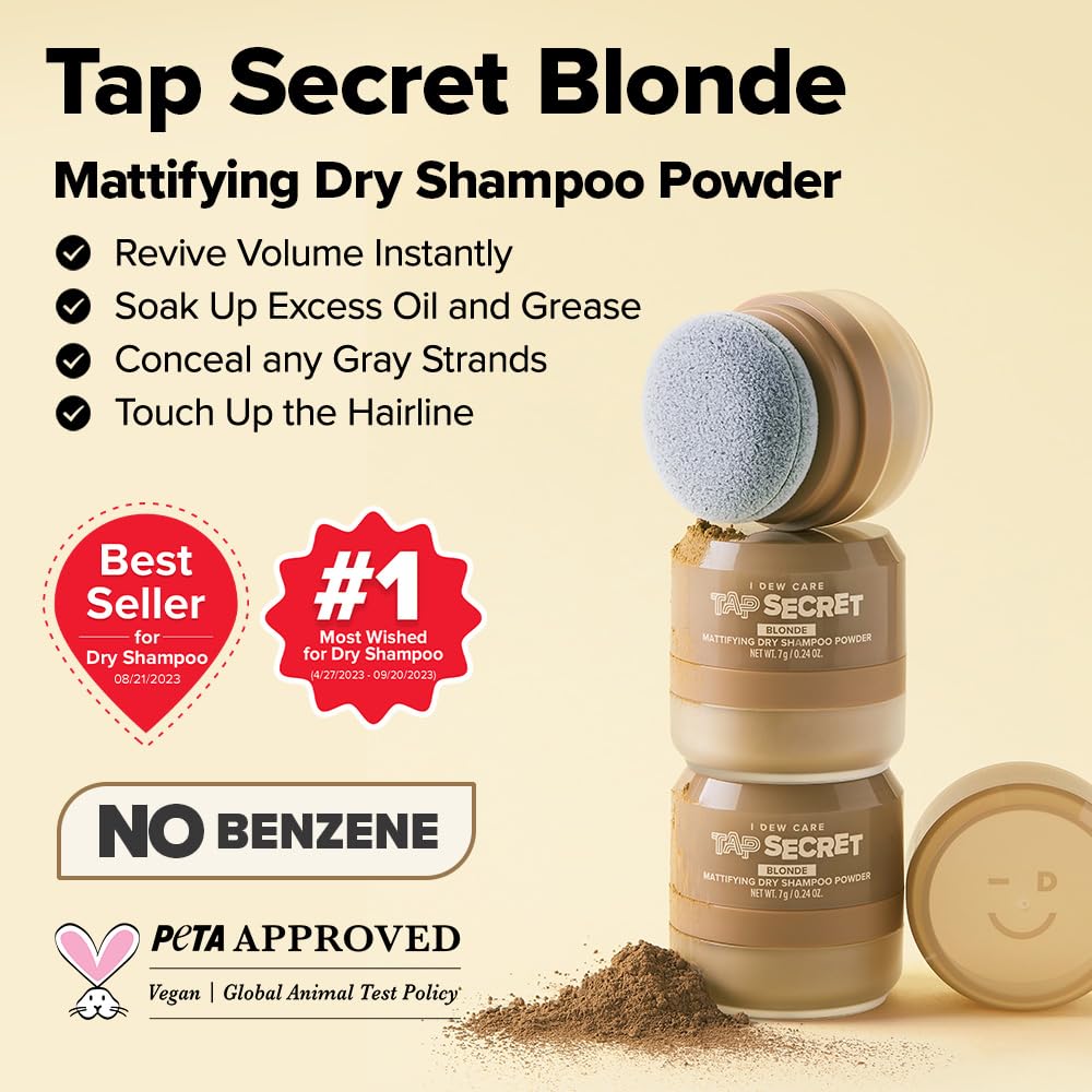 I DEW CARE Biotin Clarifying Dry Shampoo - Tap Secret Blonde | Strengthening & Volumizing, Powder Type, Refillable, Travel size, Non-aerosol, Brunette, Korean Ginseng, Cute Stuff, 0.26 Oz