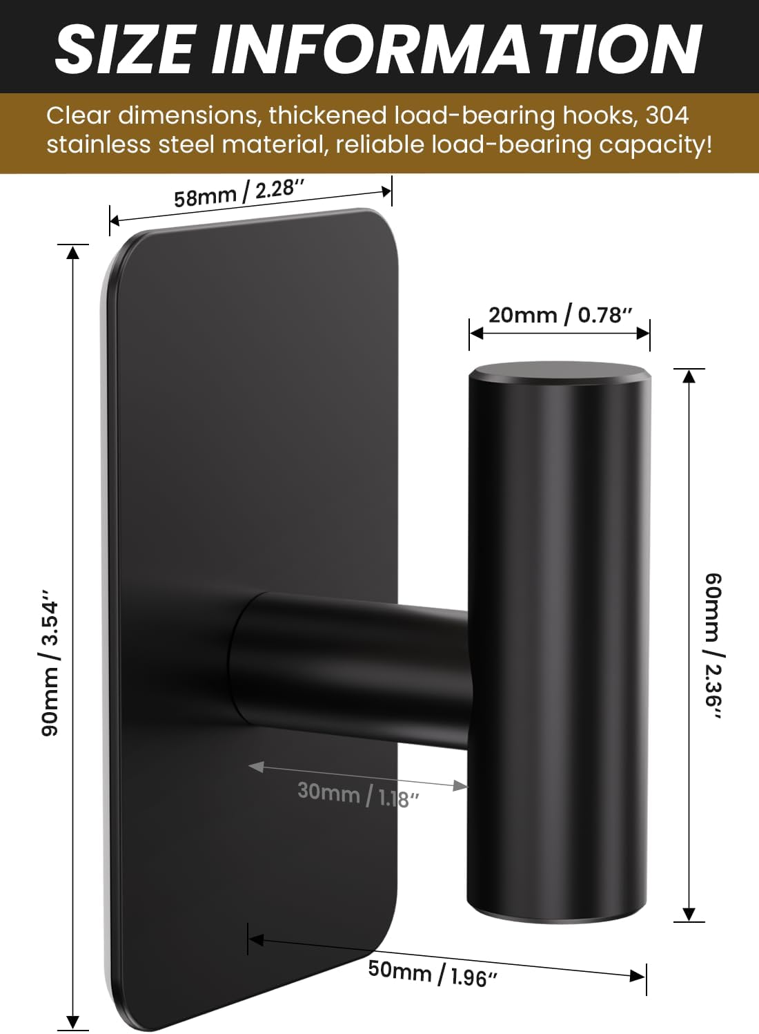 Heavy Duty Adhesive Hooks - 26lb Max, Sticky Wall Hooks Waterproof Stainless Steel for Hanging Towel, Coat, Robe, Towel Hooks Stick on Bathroom, Kitchen, Shower, Door (Black, 4 Pack)