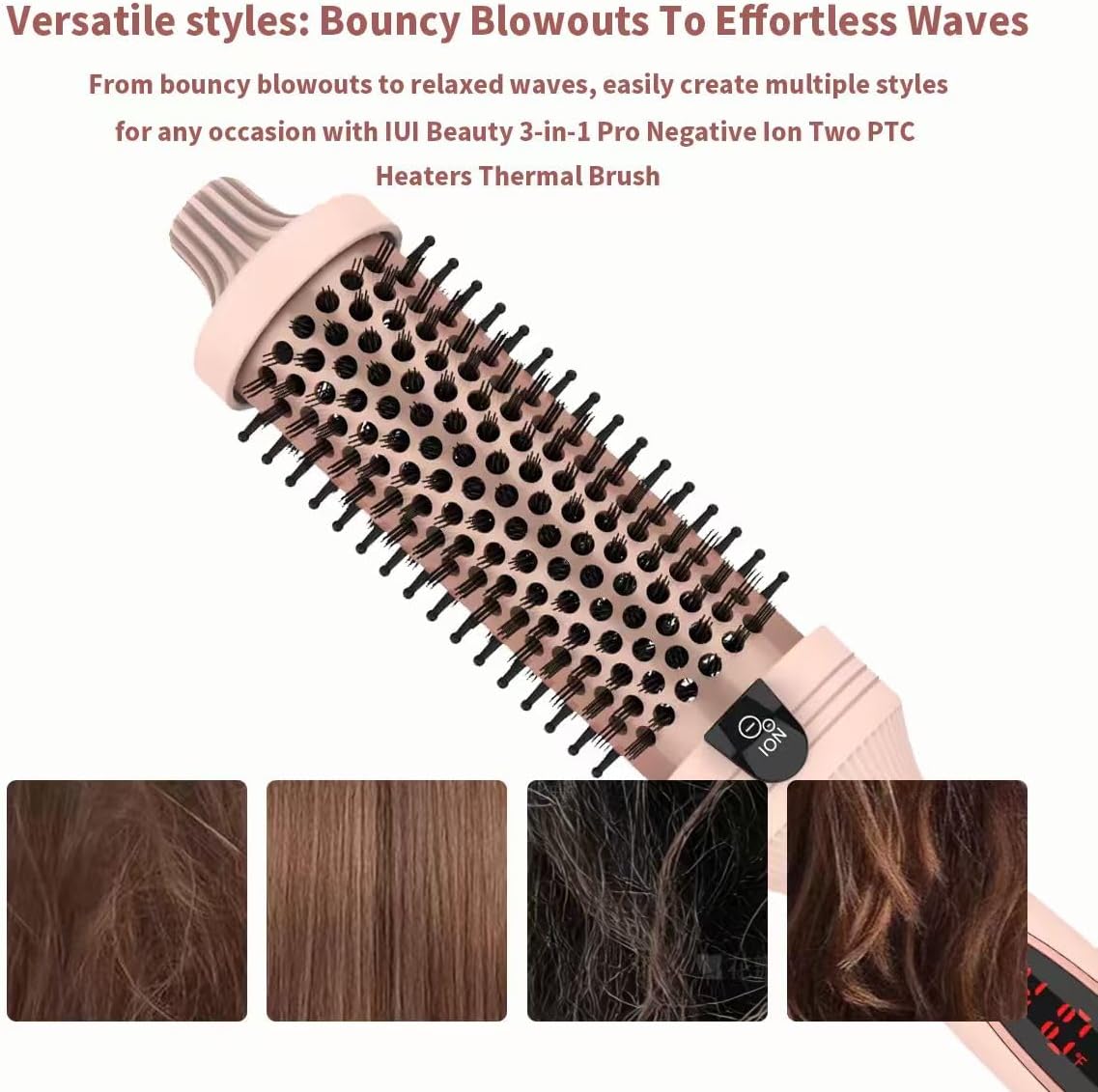 IUI Beauty Thermal Brush, 3-in-1 Pro Negative Ion Two PTC Heaters Thermal Brush with Styling Hair Clips Leafverve,Straightens, Volumizes & Curls with Negative Ion Technology, Digital Display (Black)