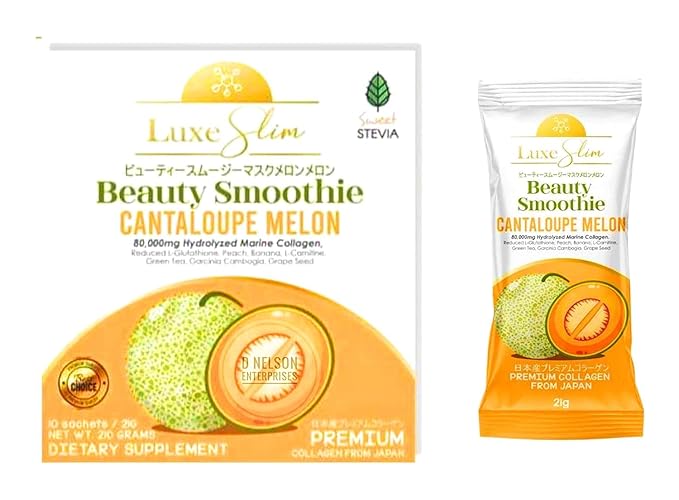 Luxe Slim Beauty Smoothie Cantaloupe Melon, 80,000mg Hydrolyzed Marine Collagen, 21gx10 Sachets, 7.4075 Ounce