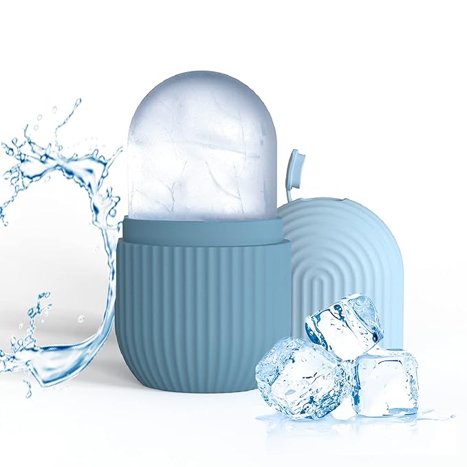 Ice Face Roller, Reusable Silicone Mold Face Massage Eye Facial Beauty Skin Care Tools Apply Ice for Shrink Pores Anti Wrinkle Reduce Puffiness Improve Skin Elasticity, Striped, Light Blue