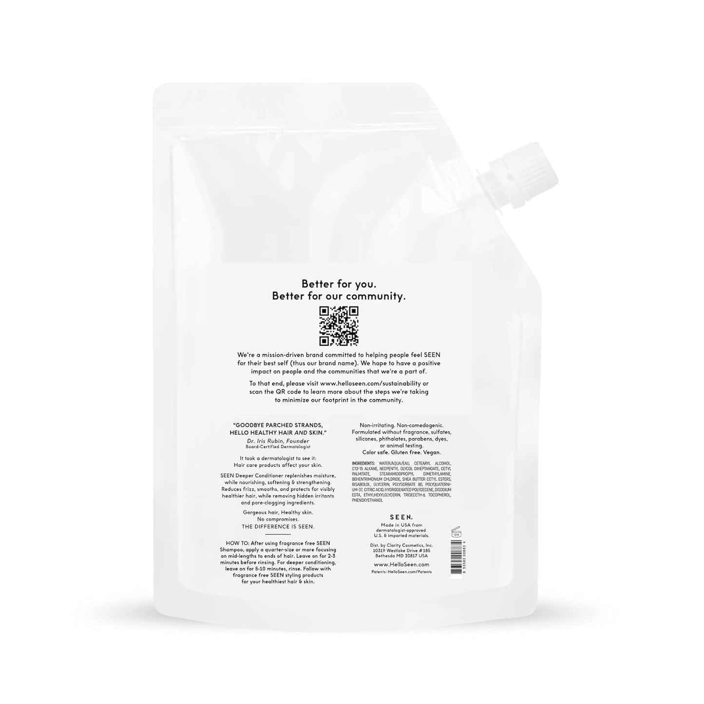 SEEN Deeper Conditioner Eco-Refill, Fragrance Free - Non-Comedogenic & Hair Conditioner- Dermatologist-Developed - Safe for Sensitive & Acne Prone Skin