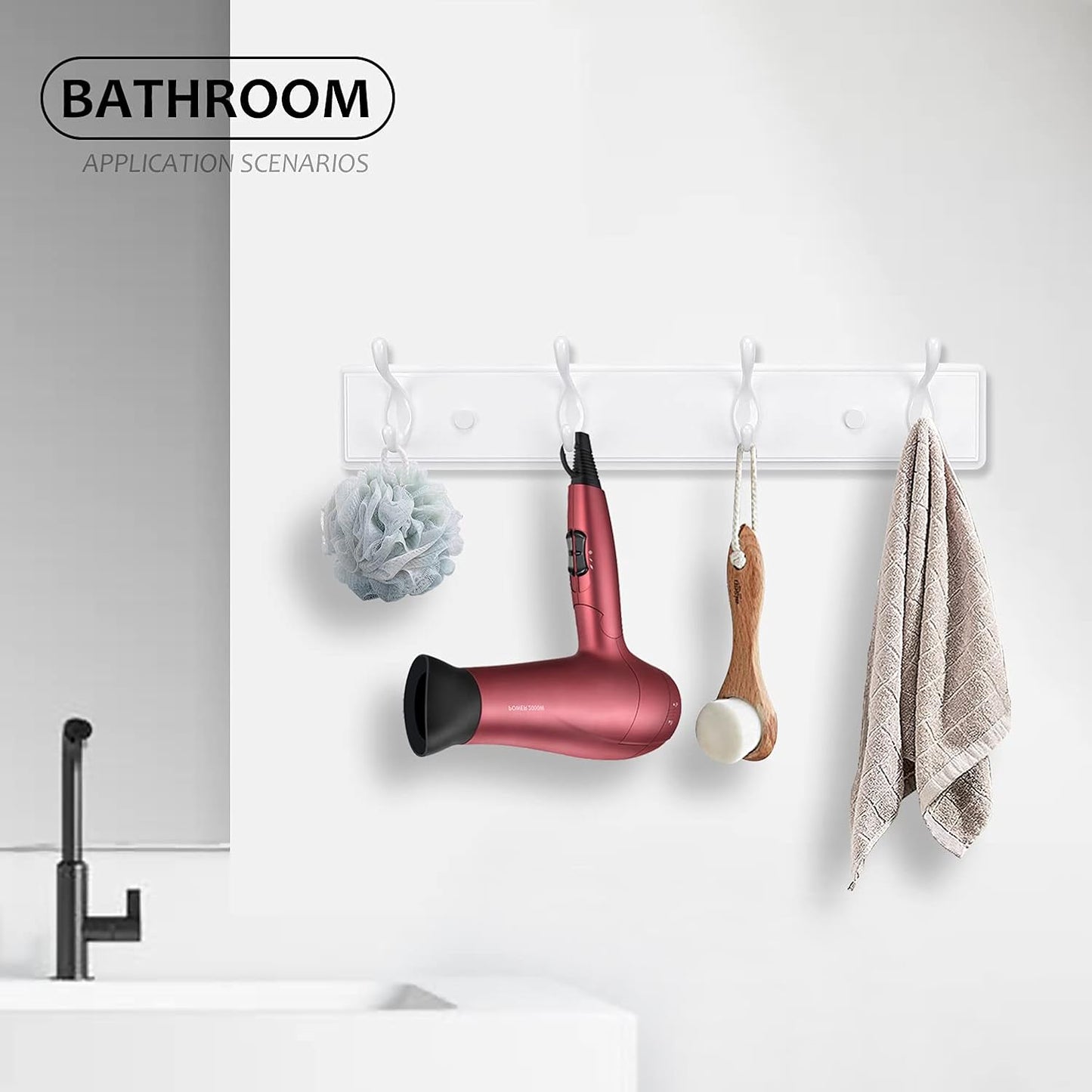 Wooden Coat Rack, Wall-Mounted Organizer for Closet, Entryway, Hallway, Foyer, Bedroom, Heavy Duty Double Hooks for Hanging Towels, Bags, Hats, Jackets, Key (White, 4 Hooks)