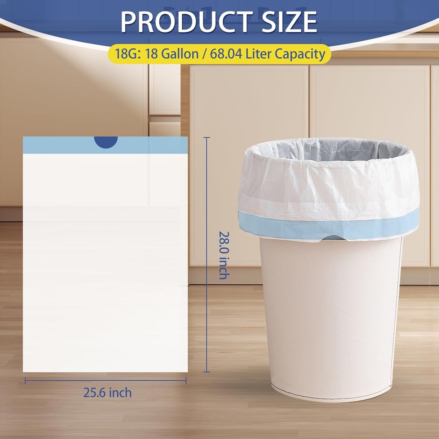 18 Gallon Trash Bags with Drawstring - 120 Count Heavy Duty 1.25 Mil Garbage Bags 68 Liter Tall Kitchen Bin Liners Unscented White for Home Yard Lawn