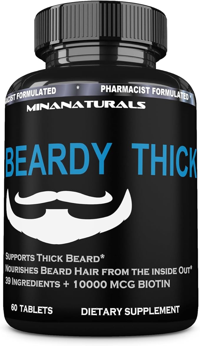 BEARDY Thick Beard Growth Vitamins for Men, B7 Biotin 10000 mcg, Keratin, Collagen, Silica, and 36 More. Grow Beard Thicker, Stronger. Facial Hair Growth Treatment. 60 Tablets