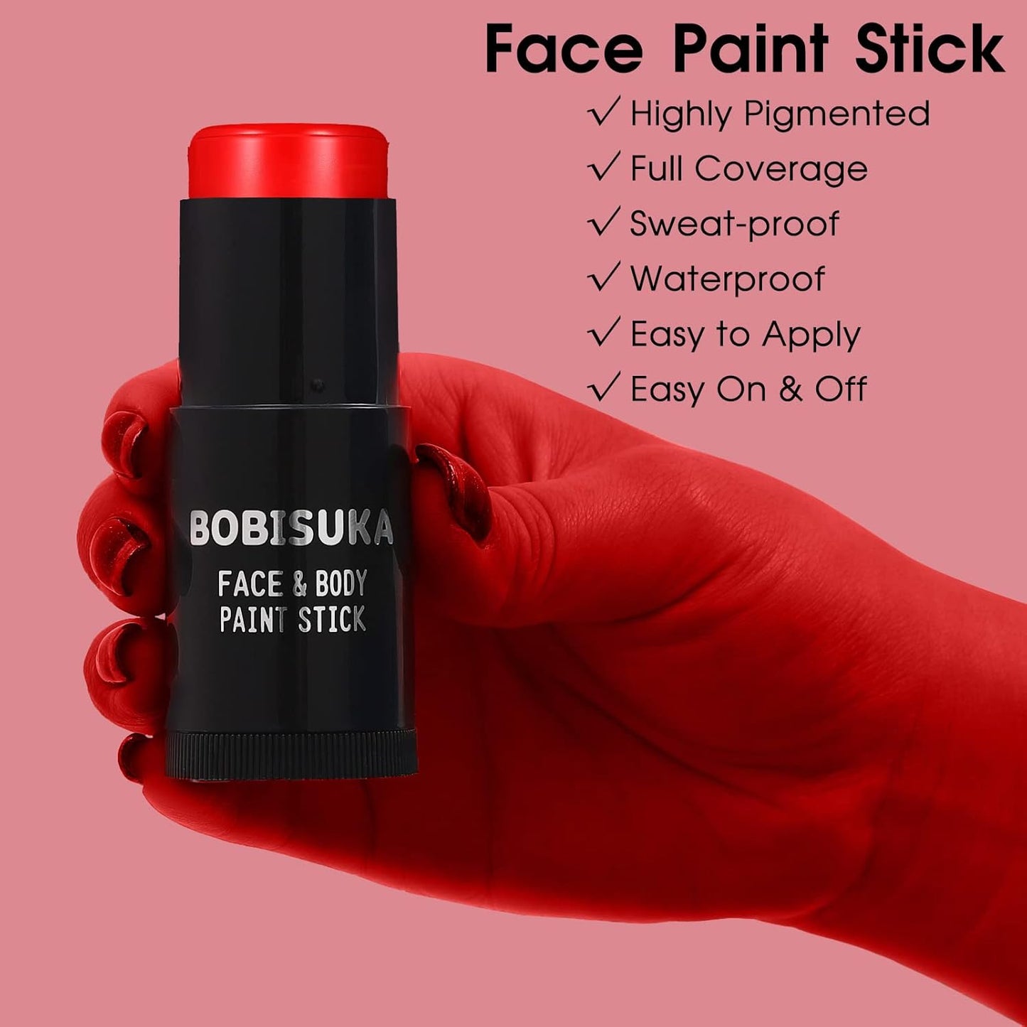 BOBISUKA Pro Red Face & Body Paint Stick, Blendable Red Eyeblack Painting Sticks for Sports, Facepaints for Halloween Makeup Clown Joker Devil Cosplay Special Effects Costume SFX Party
