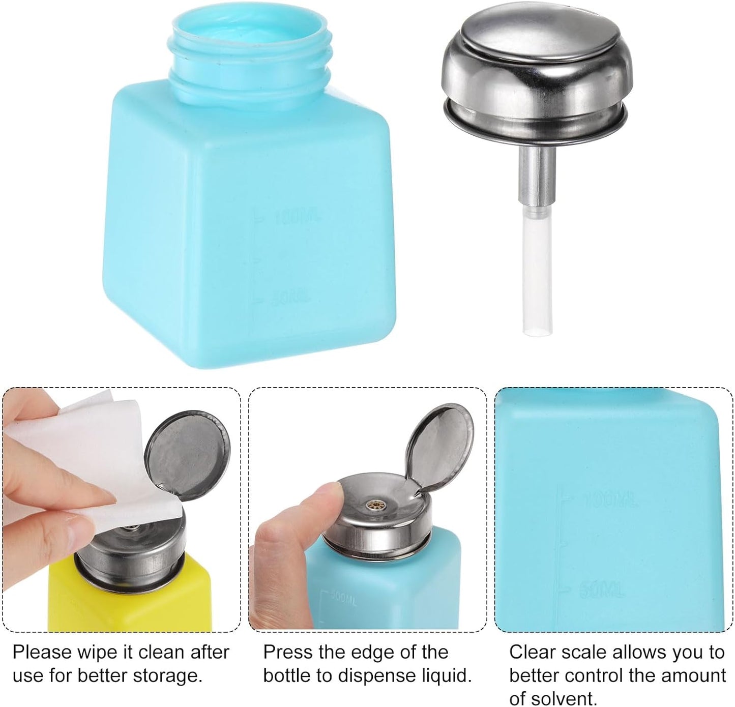 HARFINGTON 4PCS 100ML(3.4oz) Push Down Alcohol Dispenser Pump Liquid Press Empty Bottles Refillable Container for Acetone Cleanser Nail Polish Remover, Blue