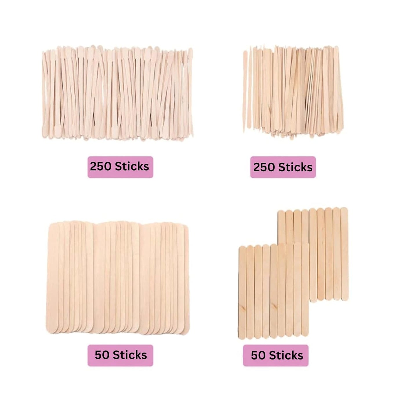 Mibly 4 Style Pack of 600 Assorted Wooden Wax Sticks for Body Legs Face and Small Medium Large Sizes Eyebrow Waxing Applicator Spatulas for Home and Spa Usage (Assorted Pack of 600)