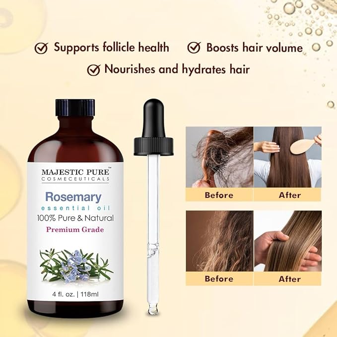 Majestic Pure Rosemary Essential Oil with Glass Dropper | 100% Pure and Natural Rosemary Oil | Premium Grade Essential Oils for Diffusers, Skin, Aromatherapy, Massage | 4 Fl Oz