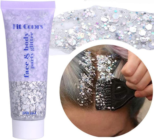 Silver Body Face Glitter Gel, Liquid Holographic Chunky Glitter Singer Concerts Music Festival Rave Accessories, Mermaid Lip Eye Nails Hair Body Glitter Makeup,50g