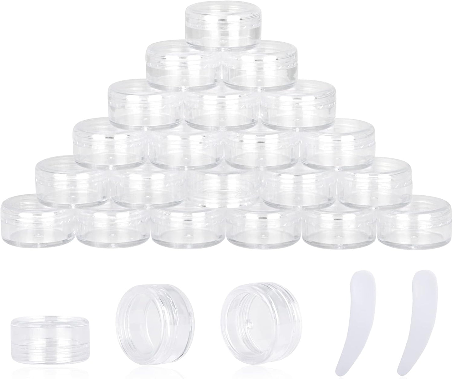 25PCS 3 Gram Sample Containers, 3ml Empty Jars with Lids, Small Cosmetic Containers, Mini Sample Jars with 2PCS Mini Spatulas for Make Up, Oils, Lotion, Powder, Paint, Jewelry, Lip Balms(Clear Lid)