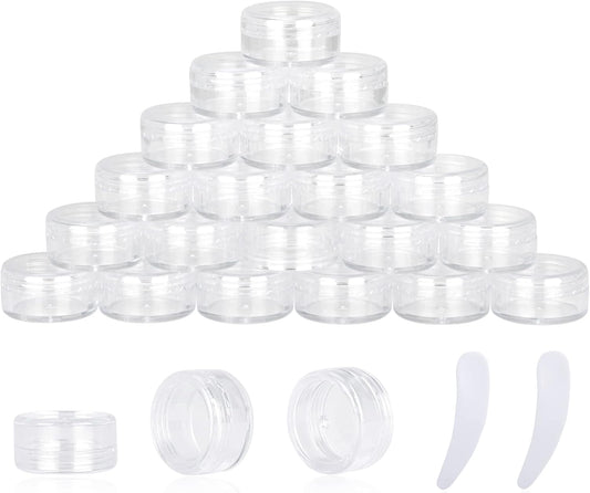 25PCS 3 Gram Sample Containers, 3ml Empty Jars with Lids, Small Cosmetic Containers, Mini Sample Jars with 2PCS Mini Spatulas for Make Up, Oils, Lotion, Powder, Paint, Jewelry, Lip Balms(Clear Lid)
