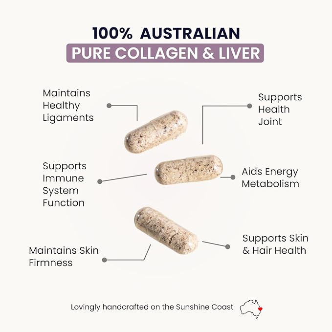 Organic Collagen Australia Pure Collagen & Liver Capsules – Muscle Strength & Vitality with Hydrolyzed Collagen, Grass-Fed Liver, and Vitamin B12 – 120 Capsules