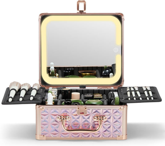 Qislee Makeup Box with A Detachable Lighted Mirror, Waterproof Travel Train Case, Cosmetic Organizer and Makeup Suitcase with Adjustable Dividers, Magnetic LED Mirror(Sparkling Pink)