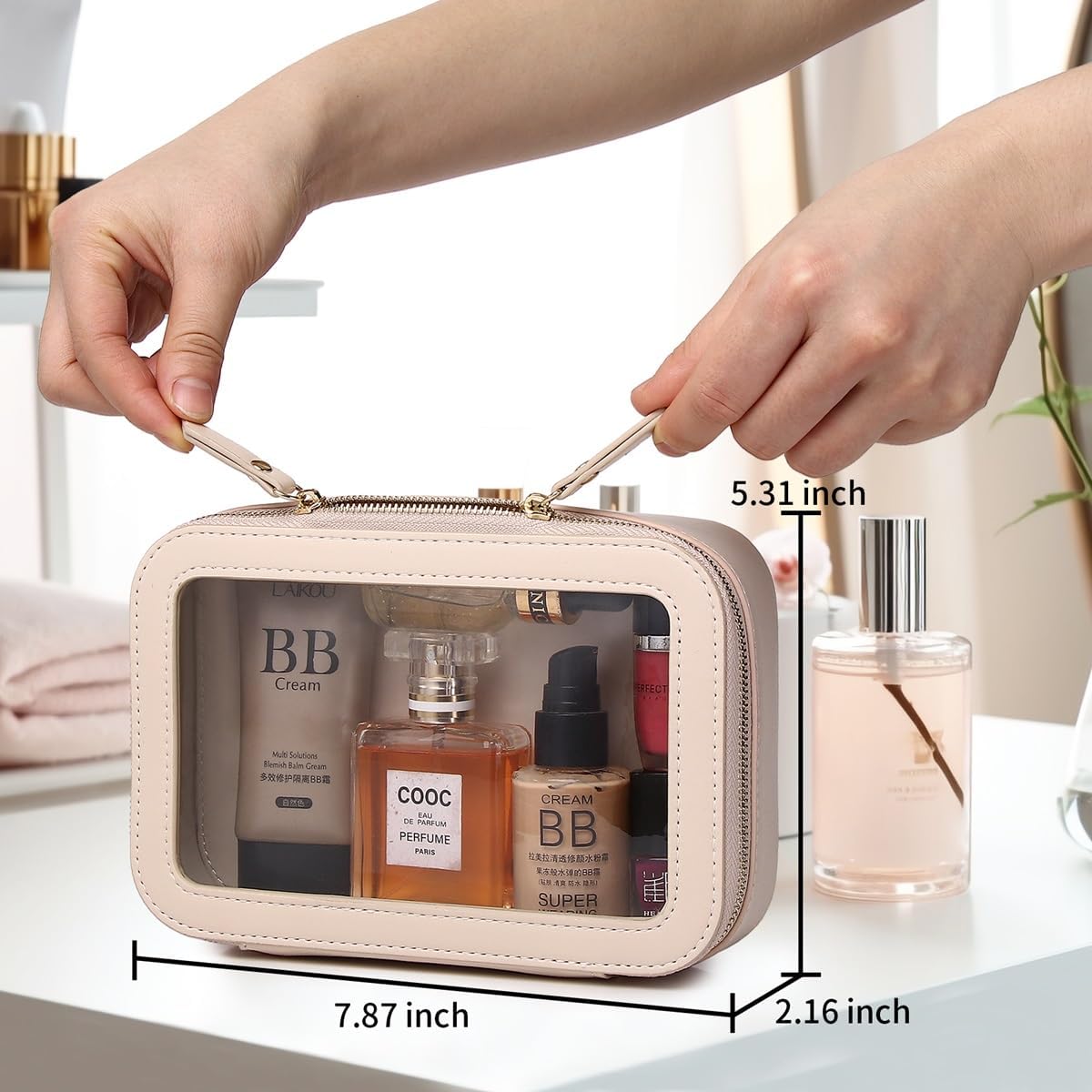 Pinkmik Clear Makeup Bag Transparent Travel Case for Cosmetics and Toiletries Women's Clear Car Bag with Zipper (Beige, Small)