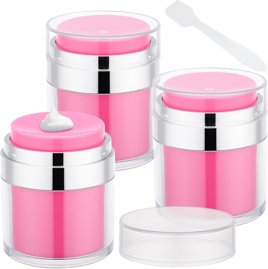 Segbeauty 1.7oz Airless Travel Toiletry Bottles Empty Jar, 3pcs Refillable Pink Lotion Pump Dispenser Bottle Containers, 50ml Small Travel Size Bottles with Pump, Leak Proof Cosmetic Vacuum Cream Jar