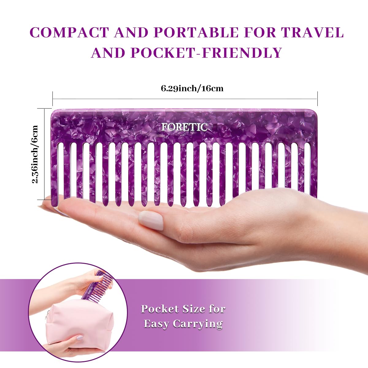 2Pcs Large Bright Violet Wide Tooth Comb for Women, Men, and Kids - Handmade, for Curly Hair. Long and Short Hair Detangler Comb for Wet and Dry Use. Professional Hair Cutting Comb - 6.29 Inches