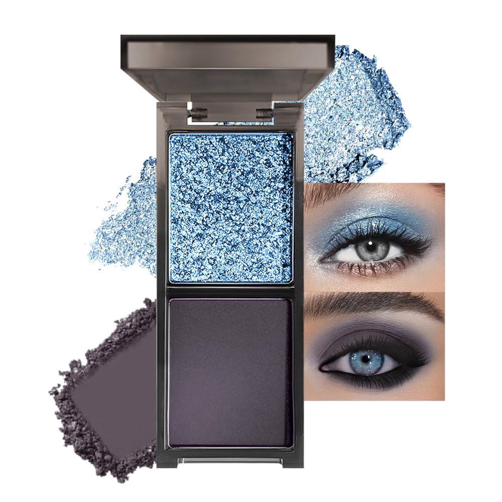 Blue Black Two Color Matte Shimmer Glitter Eyeshadow,Bright Eye Shadow Powder,Professional Long-Lasting Waterproof Makeup Palette,Blendable,Easy-To-Apply and Compact for Travel