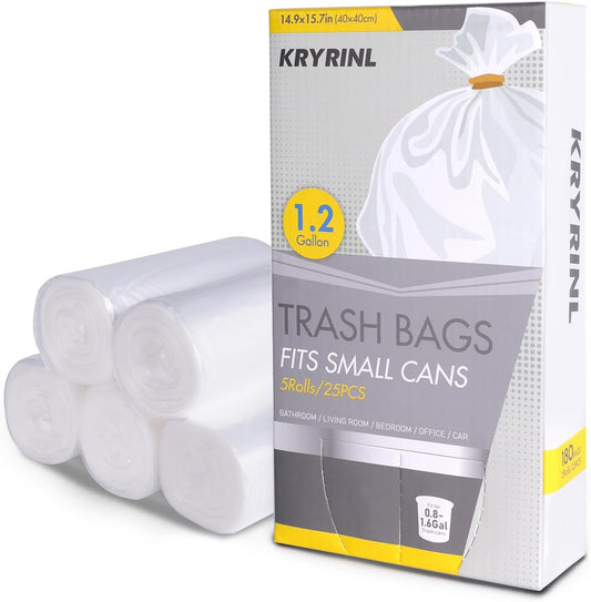 1.2 Gallon Flap-Tie Mini Trash Bags 125 Count Small, Leak Proof and Tear Resistant Garbage Bags for Bathroom, Kitchen, Office, Car, and Travel Durable Plastic Bin Liners, Clear