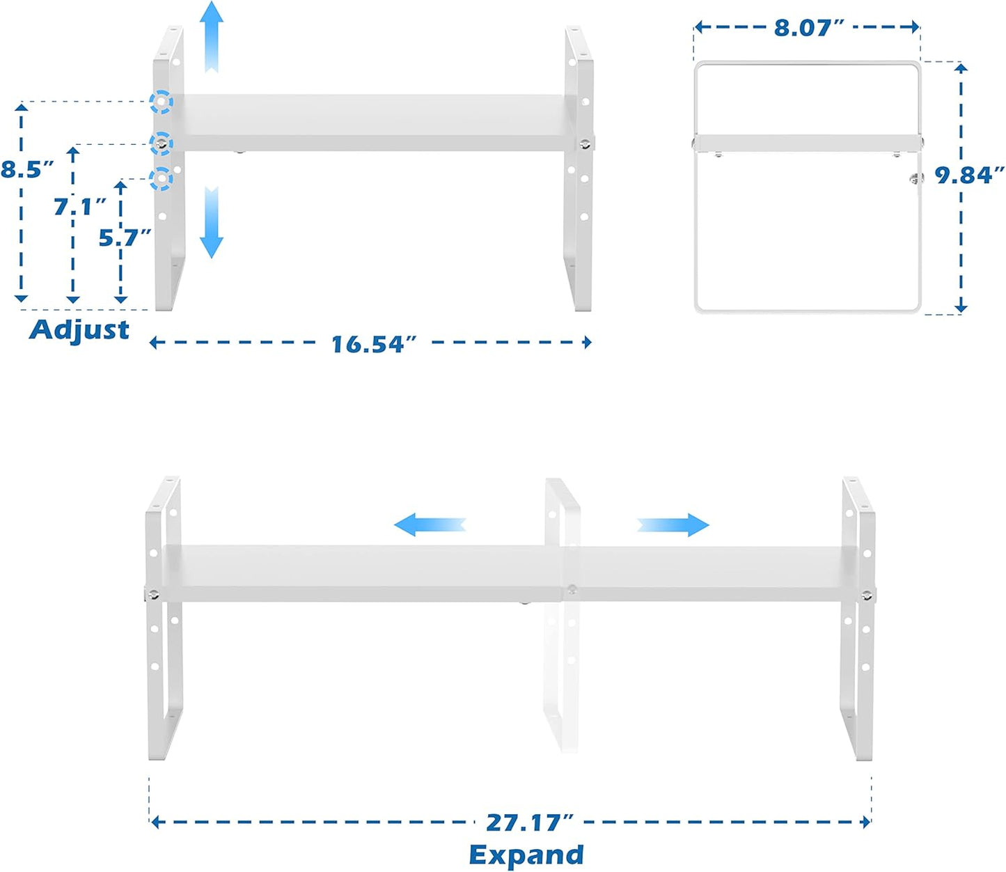Slideep Expandable Cabinet Shelf 16.54'' to 27.17'', Stackable Cupboard Stand Spice Rack Kitchen Bathroom Pantry Cupboard Home Office for Cups, Dishes, Plates, Seasoning Bottles -White