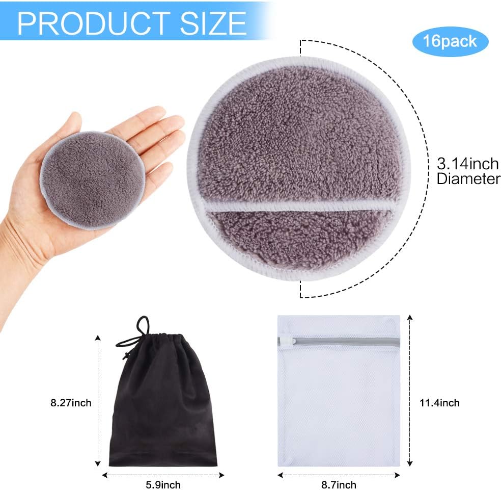 SUNLAND Reusable Makeup Remover Pads for Face,Eye,Lips 16 Pack Microfiber Face Cleansing Gloves Washable with Laundry Bag and Travel Bag Rounds Toner Pads (Round 3.15inchx16, dpurple)