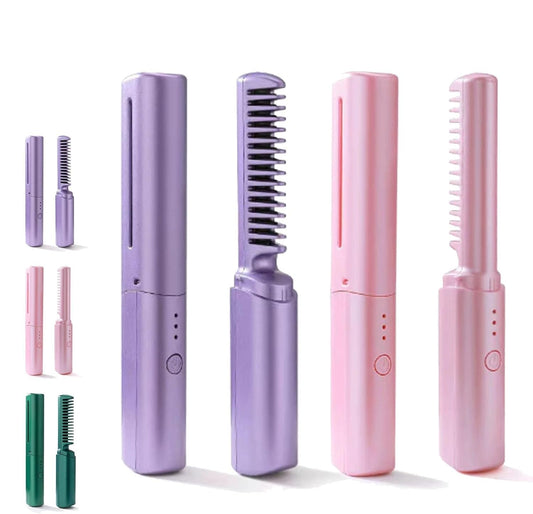Figureor Latest Hairdressing Comb Smooth,Ceramic Hair Dressing Comb with 3 Temp Settings, Rechargeable Mini Dual Purpose Curling Iron,Cordless 2-in-1 Touch-Up Combs for Less Frizz (Purple+Pink)