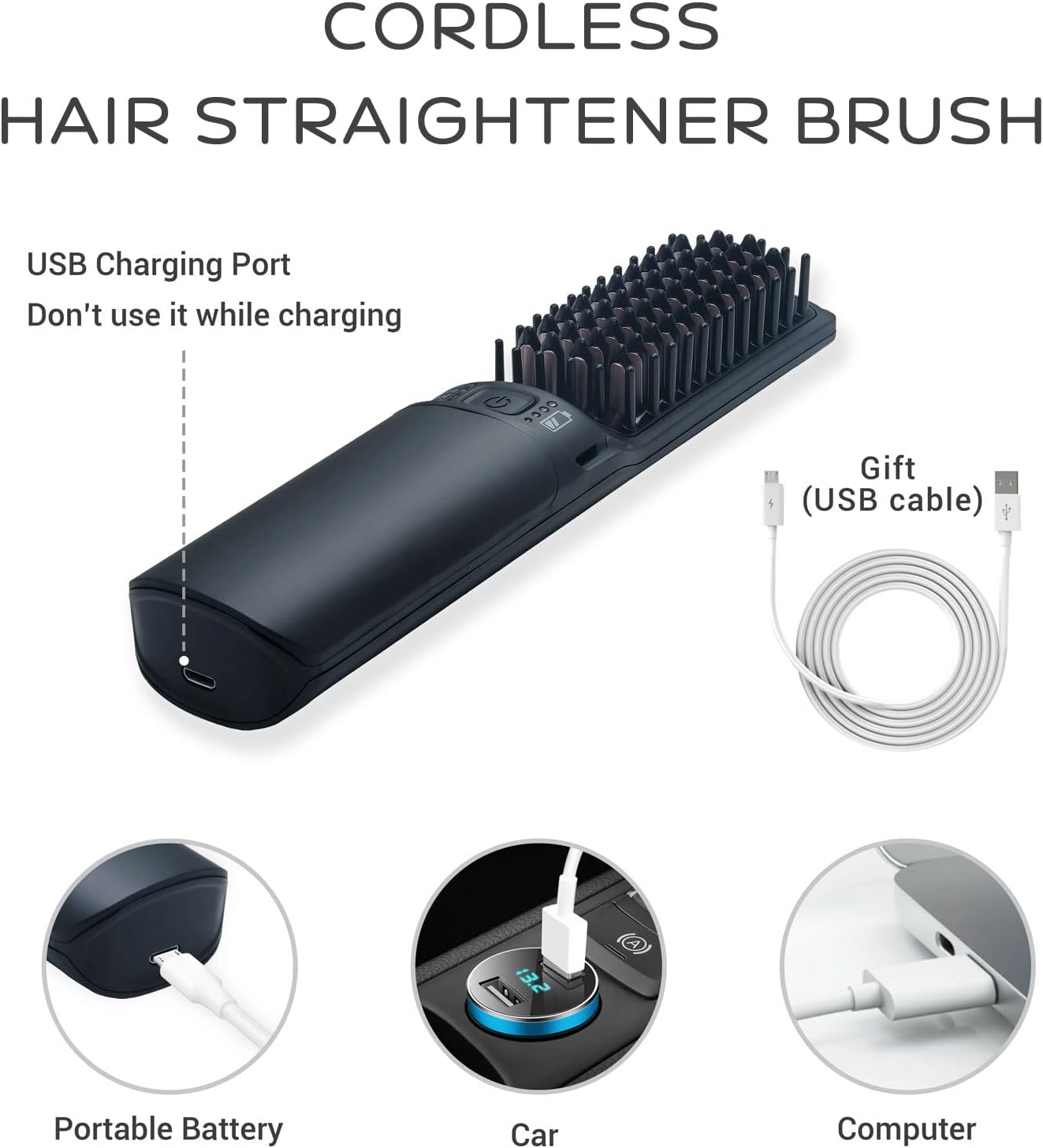 Hot Hair Straightener Brush,Portable Mini Hair Straightener USB Rechargeable 6400MAH,2 in 1 Hair Straightener Comb with Anti-Scald Feature for Women & Men (Black)