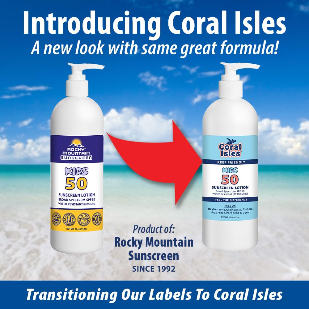 Coral Isles by Rocky Mountain Sunscreen | SPF 50 KIDS Lotion | Broad Spectrum UVA/UVB Protection | Hawaii Reef-Safe Act Compliant | Oxybenzone & Octinoxate Free | Water Resistant 80 Min. | 16 Fl Oz