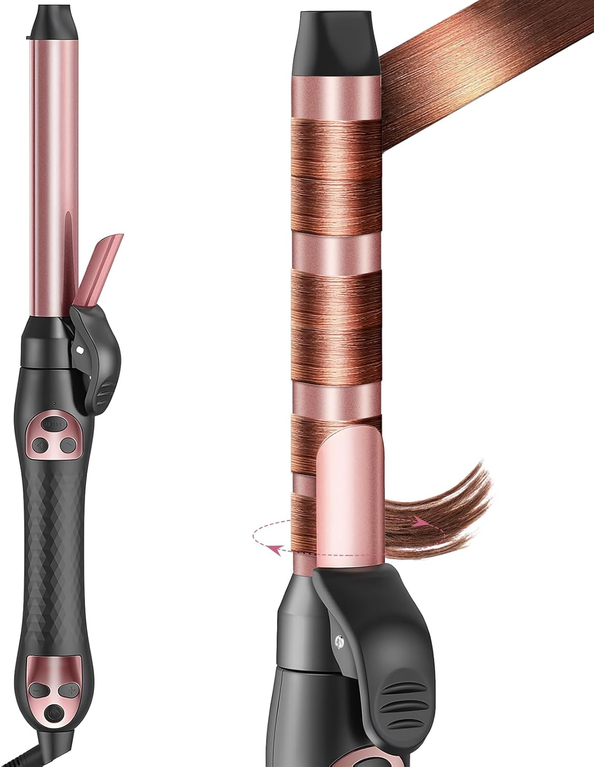 Automatic Rotating Curling Iron 1-Inch - Self-Curl for Beach Waves & Thick Hair, Adjustable Temp 250°F-430°F + Dual Voltage Travel Iron - Salon Results for Beginners (Rose Gold)
