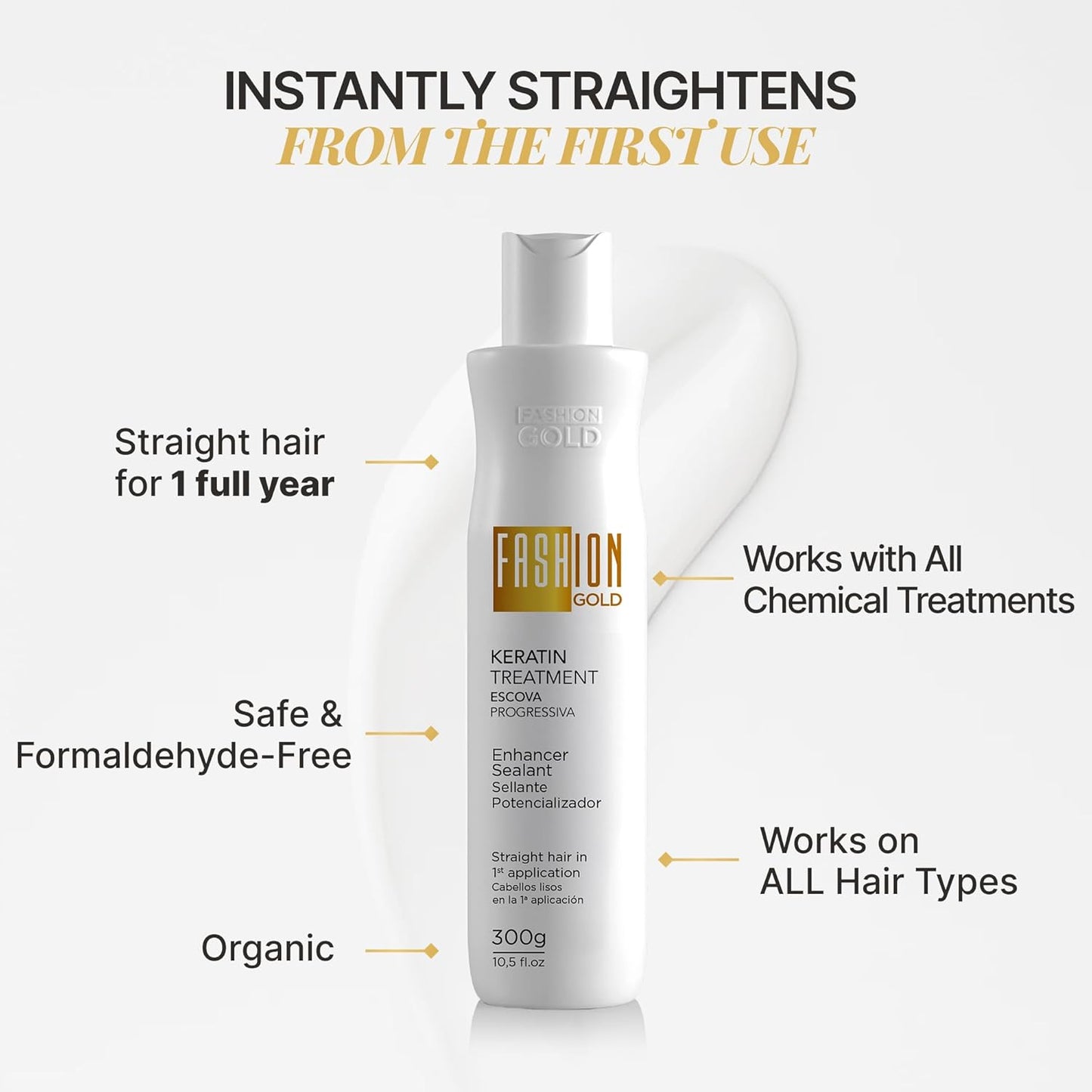 FASHION GOLD, Keratin Hair Treatment, 6 USES per Bottle, Keratina para Alisar el Pelo, Alisado Brasileño Keratina Permanente, Alisados Organicos SIN FORMOL, Nanoplastia, 300 grs