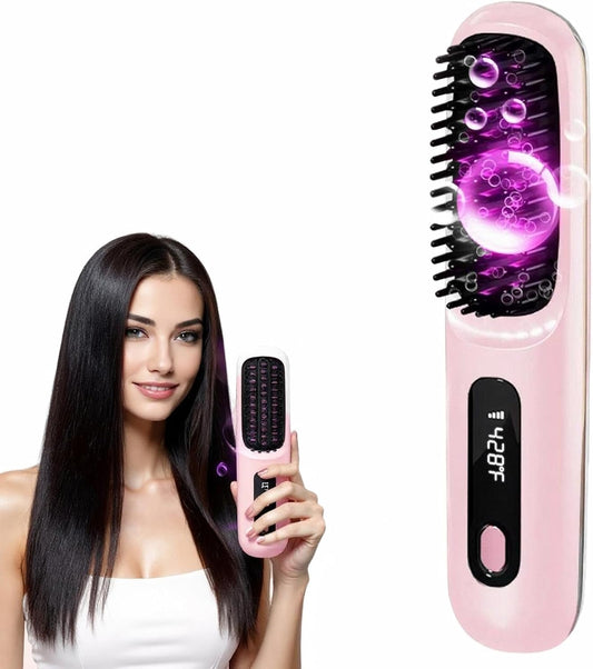 New Go Brush Pro 2025 Cordless Hair Straightener Brush - 20s Fast Heat Up, 50 Min Runtime, 199M Frizz-Fighting Ions, 4-Temp & LED, 3200mAh USB-C, Auto Shut-Off, Travel-Friendly (Pink)