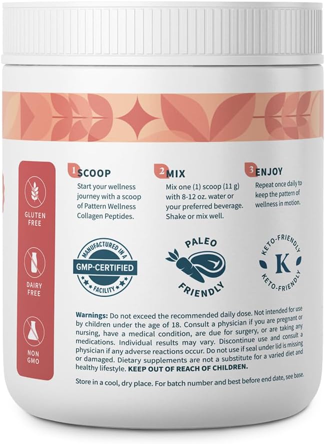 Pattern Wellness Collagen Peptides Powder (Type I & III) - Hair, Nails, Skin & Joint Support - Grass Fed & Pasture-Raised - Hydrolyzed, Non-GMO, Dairy Free, & Keto-Friendly - Unflavored (16 Oz)